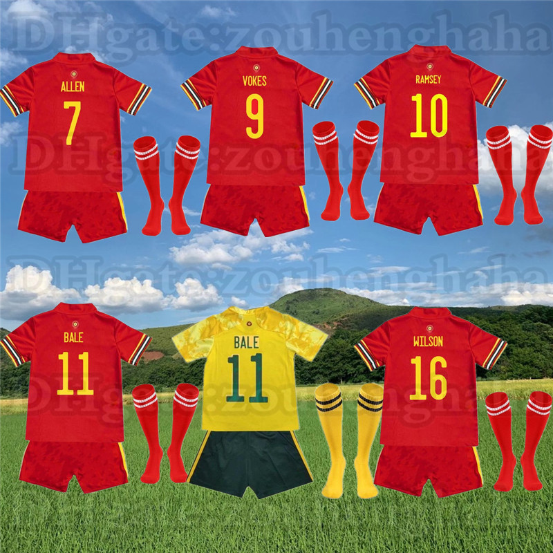 

youth wales kids kit soccer jerseys 2021 National Team HOME away BALE JAMES RAMSEY ALLEN child maillot de football shirts, Black;yellow