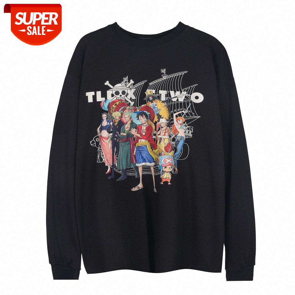 

One Piece Character Print Long Sleeve T-shirt Men's Street Loose Round Neck Base Shirt #vL9C, White;black