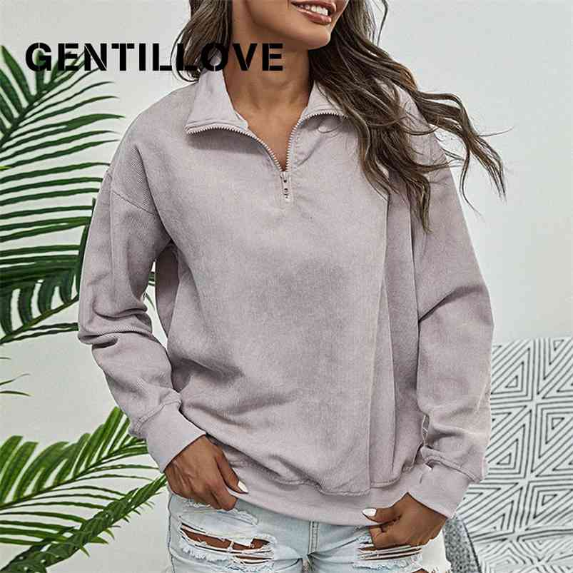 

Casual Turtleneck Zipper Hoodies Vintage Corduroy Pullover Women Autumn Solid Loose Sweatshirt Oversized Streetwear Tops 210518, Gray