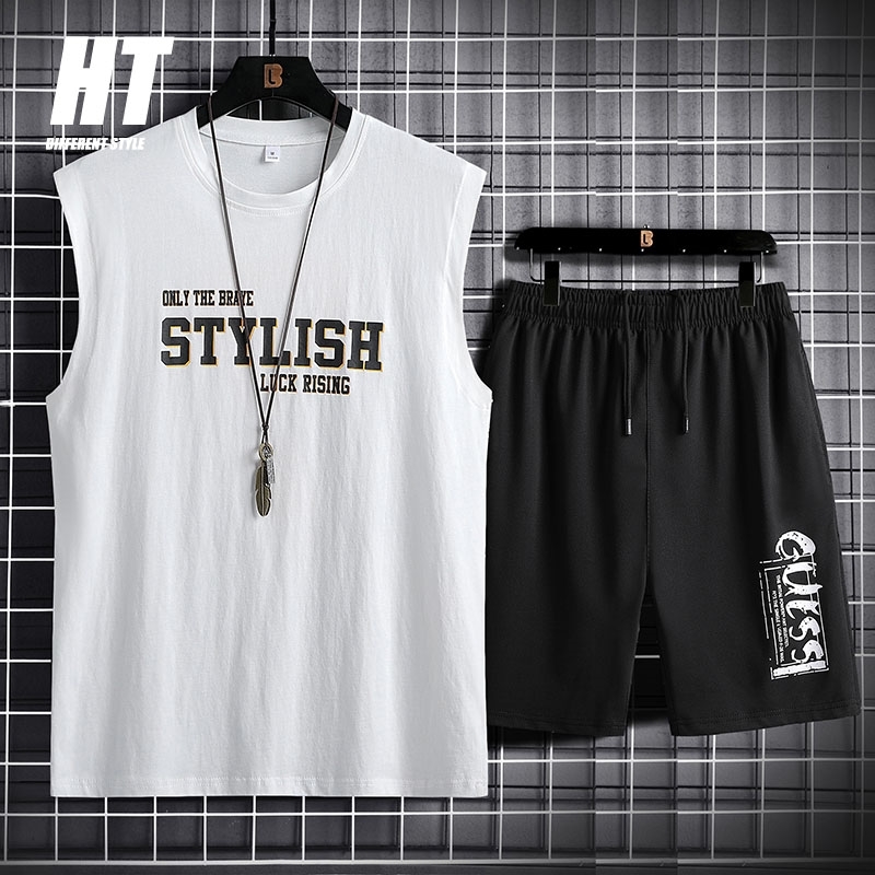 

Sleeveless Sports Set Men' Suits Running Basketball T-Shirts+Vests Shorts 2 Pcs Jogging Sportswear Suit Breathable Fitness Sets 210603, Csh20212white