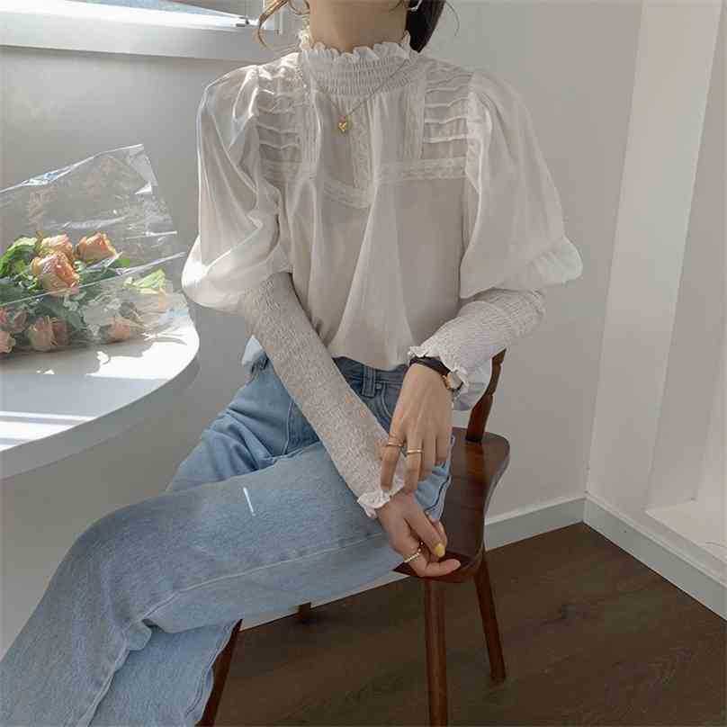 

Women Chic Shirt Spring Retro Gentle Solid Stand Collar Lace Sweet Long Sleeves Elegance Blouse Female Tops 210525, White