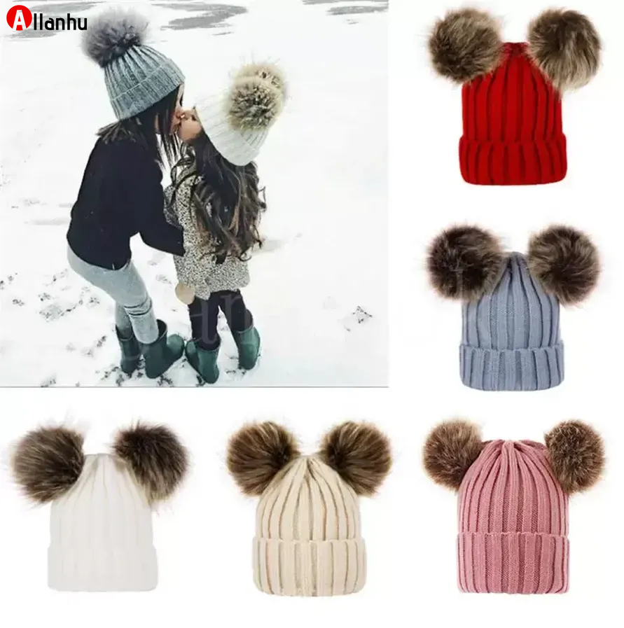 

Children Baby Knitted Hats Winter Knitted Solid Crochet Hat Warm Soft Pom Pom Beanies Double Hairball Hats Outdoor Slouchy Caps Wfds