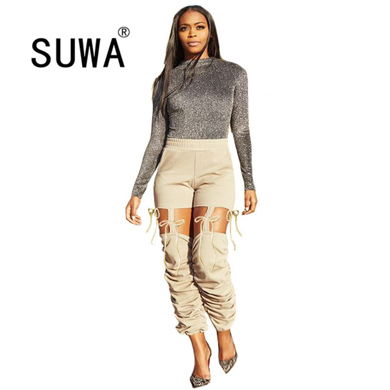 

Product Solid Hollow Out Bandage Stacked Legging Trendy Chic Party Cargo Pants Trousers For Women Clothes Wholesale 210525, Khaki