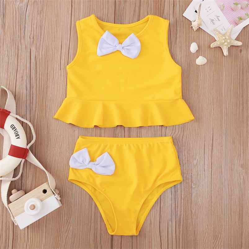 

Summer Children Sets Casual Sleeveless O Neck Solid T-shirt Bow Briefs Cute 2Pcs Girls Boy Clothes Set 0-2T 210629, Yellow