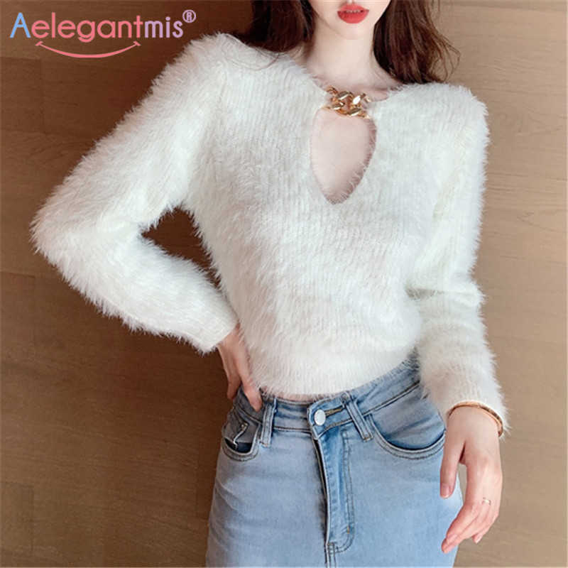 

Aelegantmis Korean Chic Faux Mink Fur Loose Sweater Women Soft Furry Warm Chain Sexy Pullovers Female Knitted Cropped Tops 210607, White