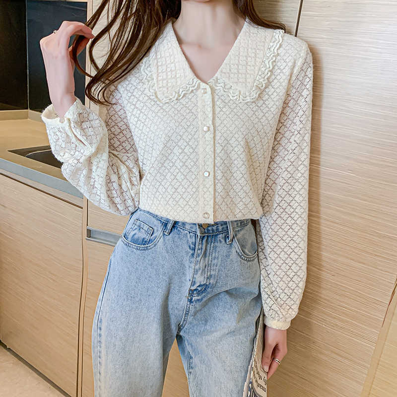 

Korean Women Shirt Chiffon Blouses for Hollow Out  Tops Woman White Lace Peter Pan Collar Blouse Female Top OL 210604, Apricot