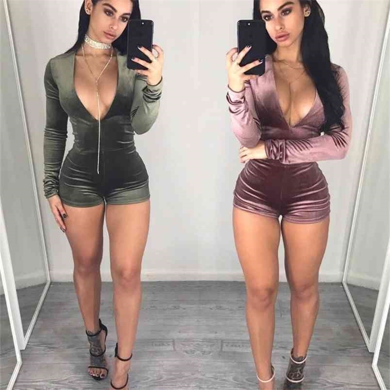 

Short Rompers Womens Jumpsuit Spring Fashion Sexy V Neck Playsuit Long Sleeve Bodysuit Velvet Women 210517, Beige