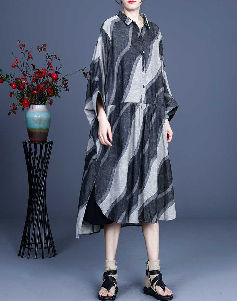 

Summer Cotton and Linen Casual Loose Plus Size Irregular Stripes Turn-down Collar Dresses for Women 210615, Gray