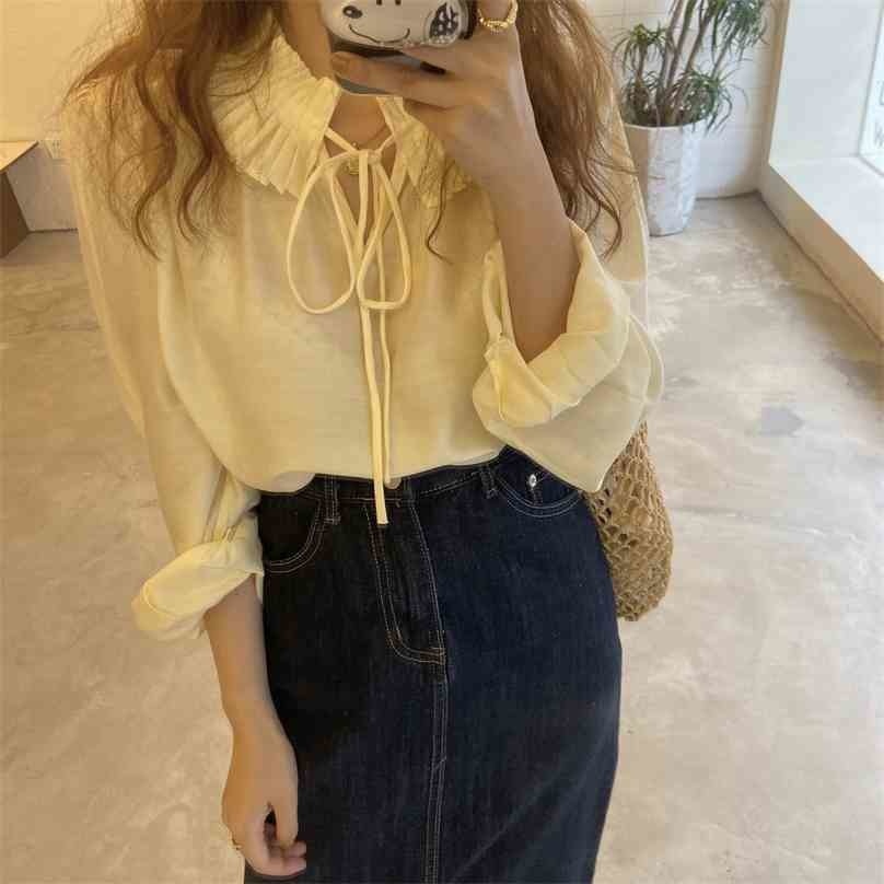 

Chiffon Female Tops Solid Retro Chic Office Lady Vintage Loose Fashion All Match Streetwear Shirts Blouses 210525, White