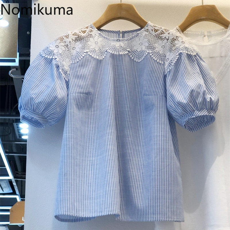 Nomikuma Blouse Women Korean Striped Tops Lace Patchwork O-neck Puff Short Sleeve Shirt Spring Summer Blusas De Mujer 6F721 210427