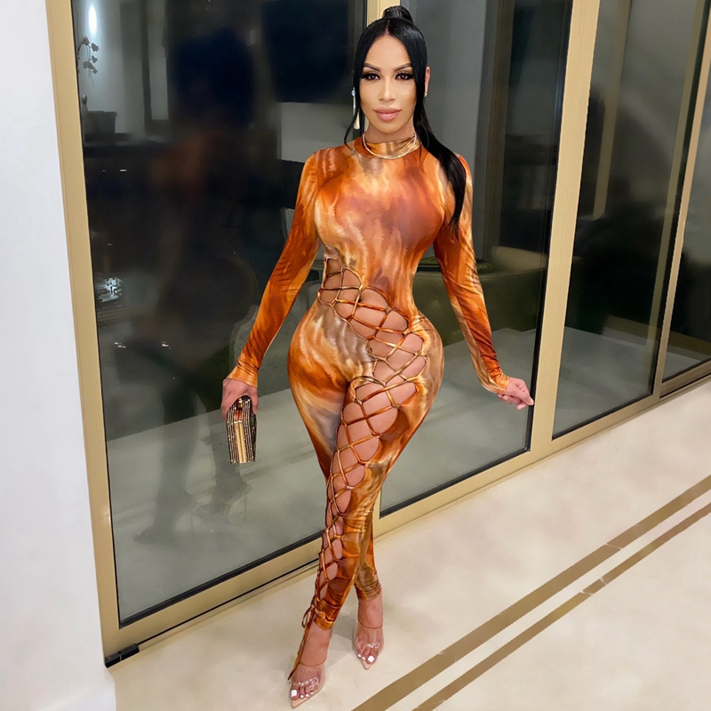 

hollow out clubwear jumpsuit women bodycon romper long pants party night club outfits print elegant rompers womens jumpsuit, Black;white