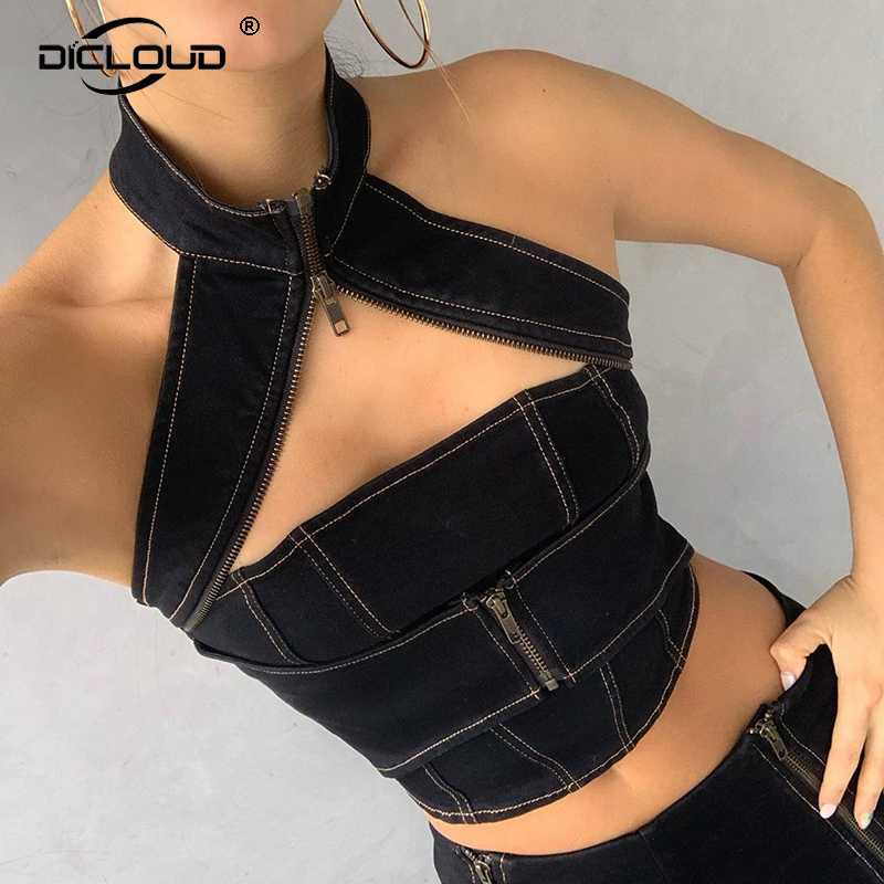 

Chic Street Girls Zipper Halter Crop Top Women Summer Slim Black Denim Busiter s Sexy Backless Party Club Tee Shirt Femme 210607, Black denim top