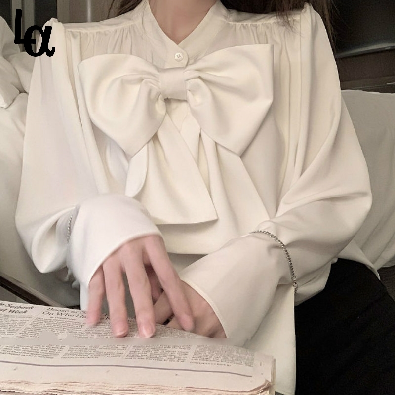 

Casual Chiffon Blouse and Tops Women Spring Fashion Elegant Lantern Sleeve Shirts Ladies French Bow Korean Style Top 210519, White