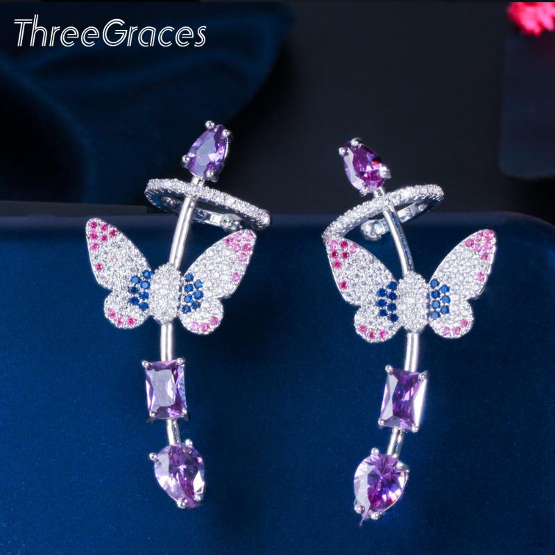 

Stud ThreeGraces Fashion Butterfly Ear Cuff Wrap Earring For Women Shiny Purple CZ Crystal Silver Color Animal Jewelry ER591, Golden;silver