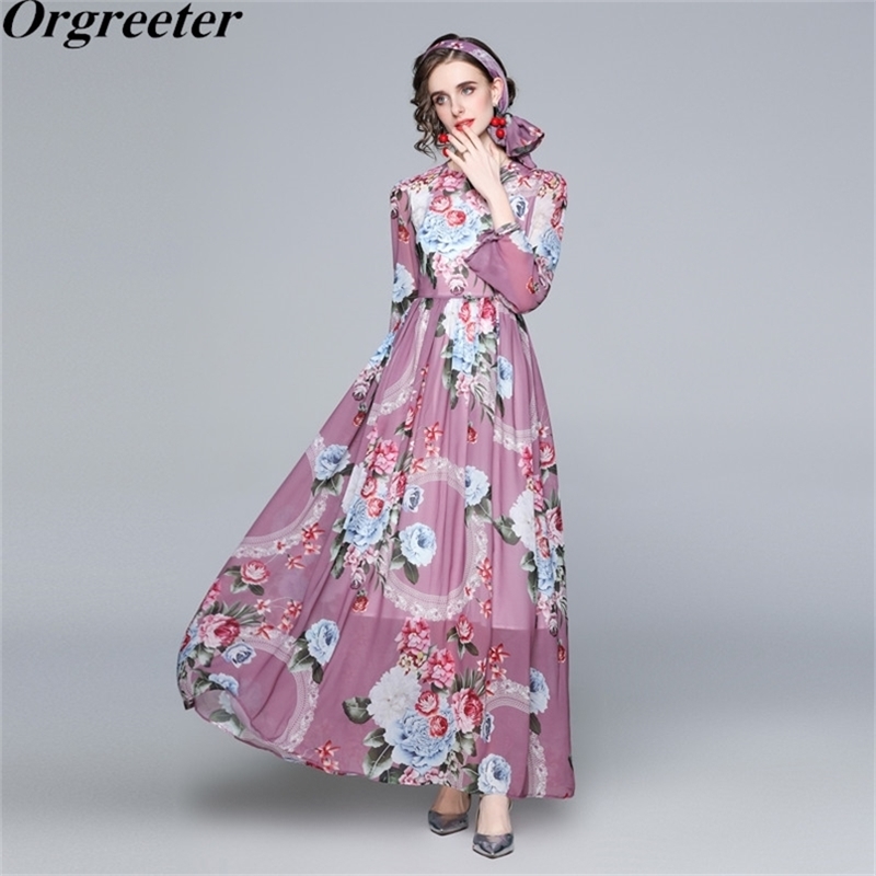 

Elegant Purple Big Swing Long Maxi Chiffon Dress Robe Female Spring O-neck Peony Printted Sleeve With scarf 210602