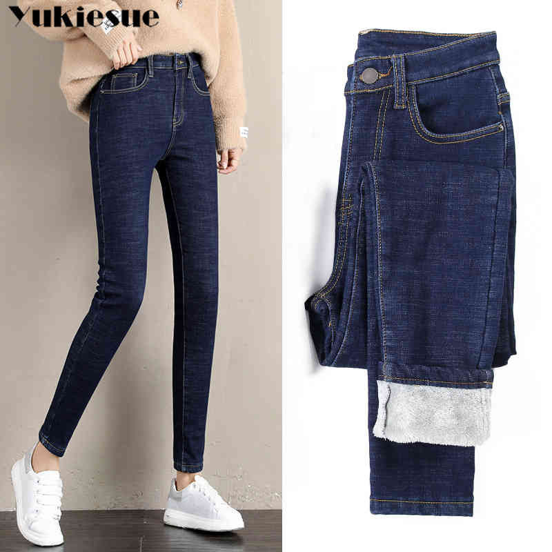 

Woman's Jeans woman Winter Warm Elastic Plus Size Pencil Pants High Waist Black Jeans Boyfriends Mom Jeans Vintage Korean Jean 210519, Blue with velvet