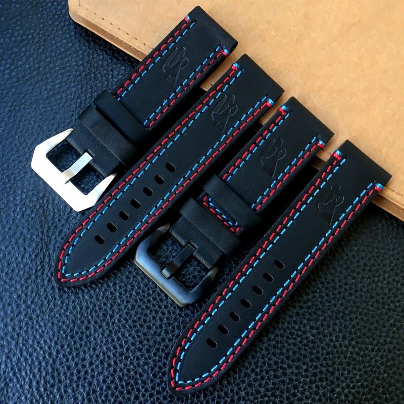 Bandes de montre 24 * 24mm Fait à la main épais Italienne Noir avec points de suture bleu rouge Vintage En cuir véritable bracelet de montre pour