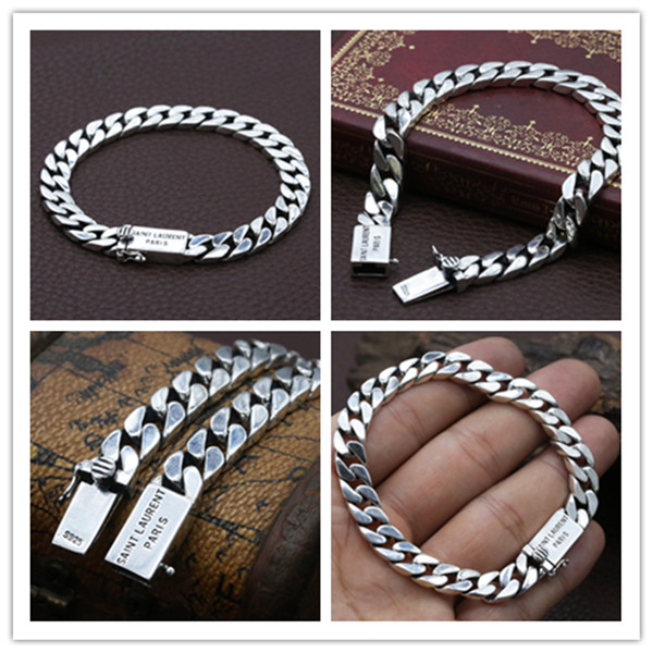

925 Sterling silver link chain bracelets wth plug in clasps American European antique handmade punk style designer luxury jewelry accessories gifts, Black