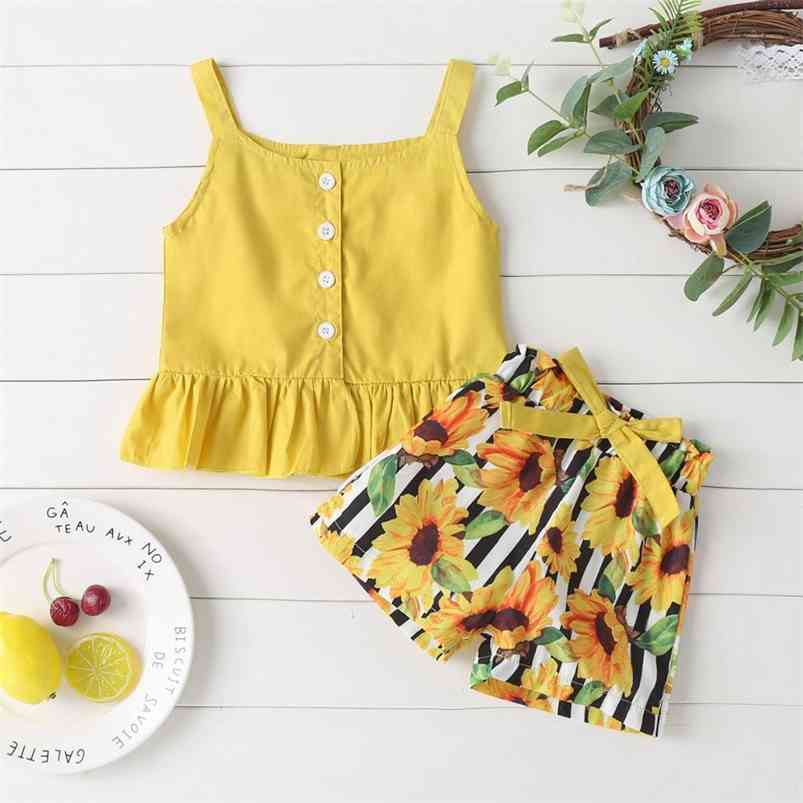 

Summer Children Sets Casual Girls Sleeveless Single Breasted Solid Tops Bow Print Shorts Cute Clothes 6M-24M 210629, Yellow