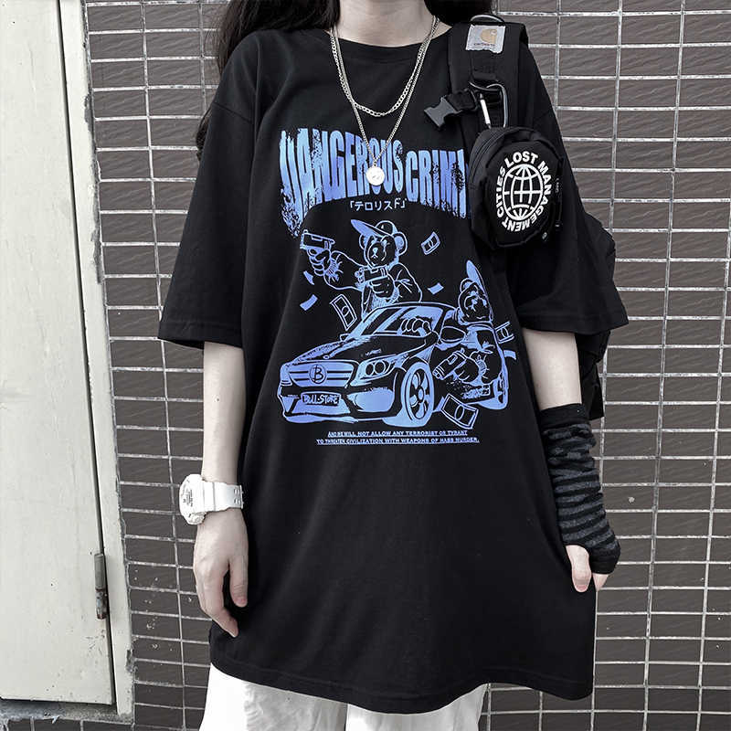 

Summer casual Harajuku hip-hop women's clothing large size loose short sleeve fun gothic tops Ulzzang streetwear T-shirt 210608, Black