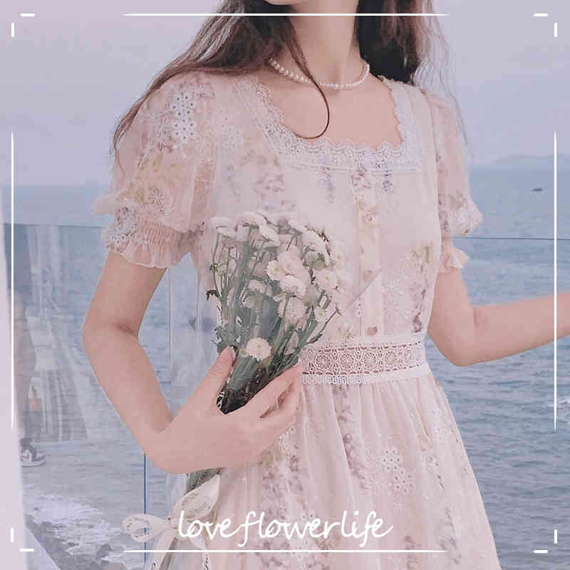 

Dress Korean Elegant Vintage Dresses Women Casual Floral Design Sexy Midi Dresses Evening Lace-Up Summer Chic 210521, As picture