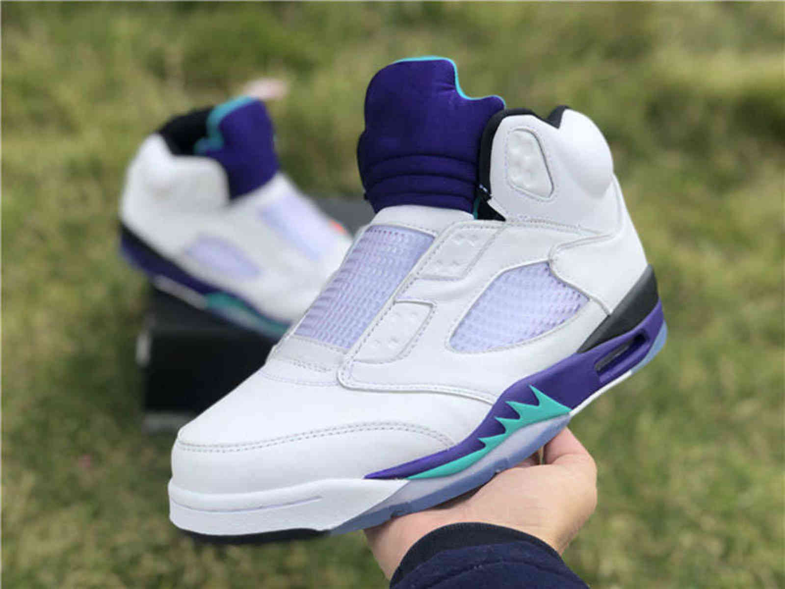 

Genuine Jumpman 5 5s men's basketball shoes white purple grape color matching sports shoelace shoe box full size shipping 40.5--47.5D8KJ, #1
