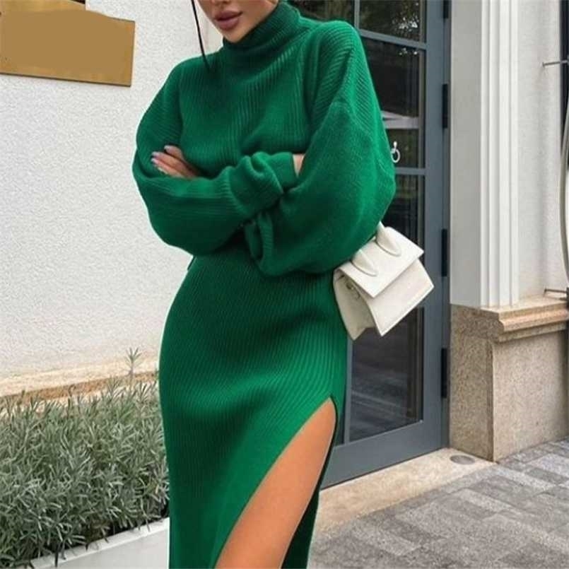 

Knit Women's Turtleneck Sweater Midi Skirt Set Winter Loose Long Sleeve Pullovers Side Split Skirts Sets Ladies Sexy Suit 211108, 02 khaki
