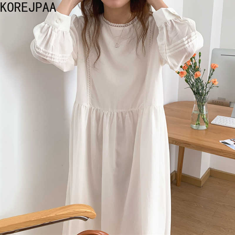 

Summer Korean fashion chic Round Neck Lace single breasted stitching loose pleated long sleeve dress for women 210526, White
