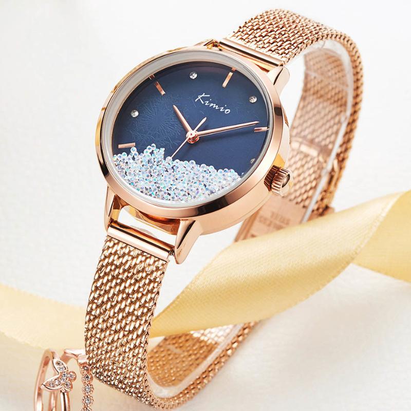 

Wristwatches KIMIO Fashion Crystal Women's Watches Quartz Watch Women Wristwatch Stainless Steel Mesh Womans Ladies Relogio Feminino, White