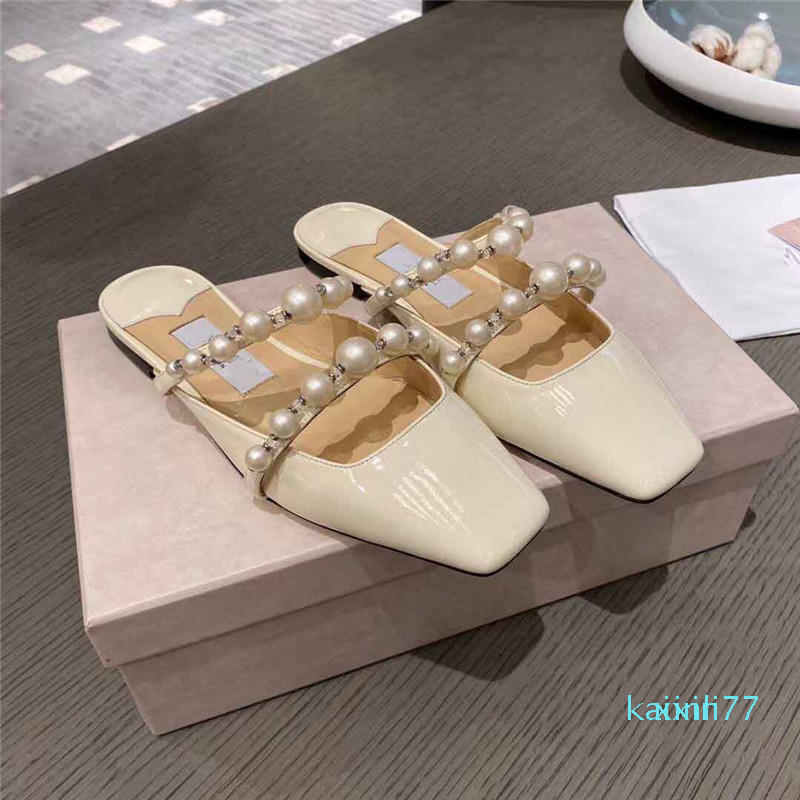 

Designer Women's Sandals FLAT Dress Shoes Women Mules Square Toe Pearls Chain Lady Slip On Casual Slipper Party Wedding