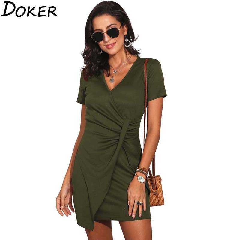 

Summer Casual Mini Dress Solid V-neck Short Sleeve Elegant Bodycon Ladies es For Women Plus Size Slim Sexy 210604, Armygreen