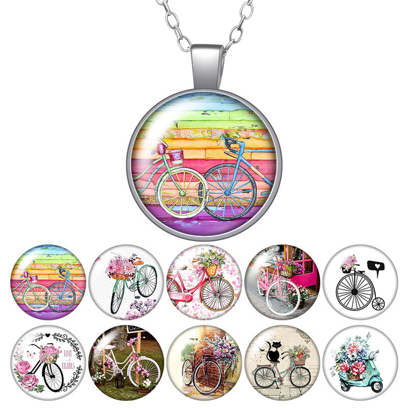 

Bicycle Casual Travel Fashion Round Pendant Necklace 25mm Glass Cabochon Silver Color Jewelry Women Party Birthday Gift 50cm