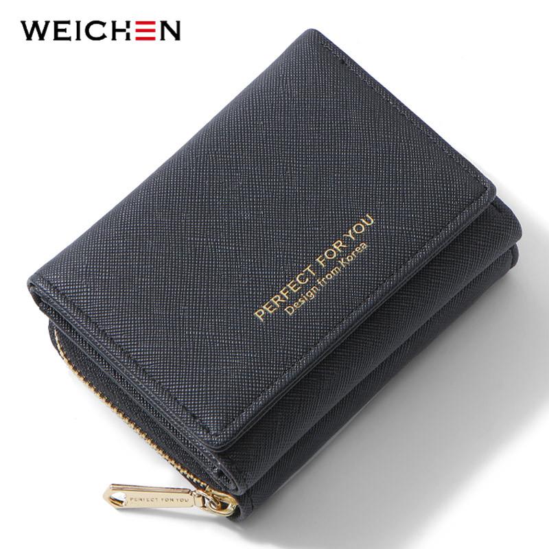 

Wallets WEICHEN Trifold Women Wallet Slim Matte Leather Card Holder Coin Pocket Designer Female Small Purse Portfel Carteras, Black