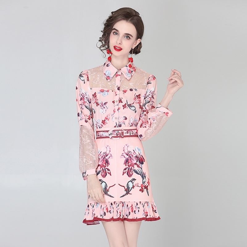 

women's lace long-sleeved printed shirt + waist bag hip pleated half skirt two-piece suit 210525, Pink