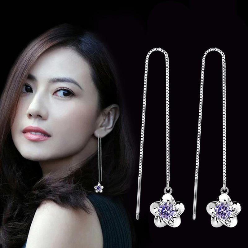 

100% 925 Sterling Silver Fashion Shiny Crystal Plum Flower Ladies Long Stud Earrings Women Jewelry Female Christmas Gift