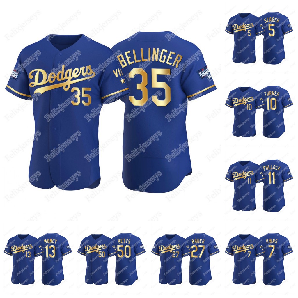 

Mookie Betts Royal 2021 Gold Program Jersey Bellinger Julio Urias Corey Seager Justin Turner Trevor Bauer Max Muncy A.J. Pollock Walker Buehler, Blue;black