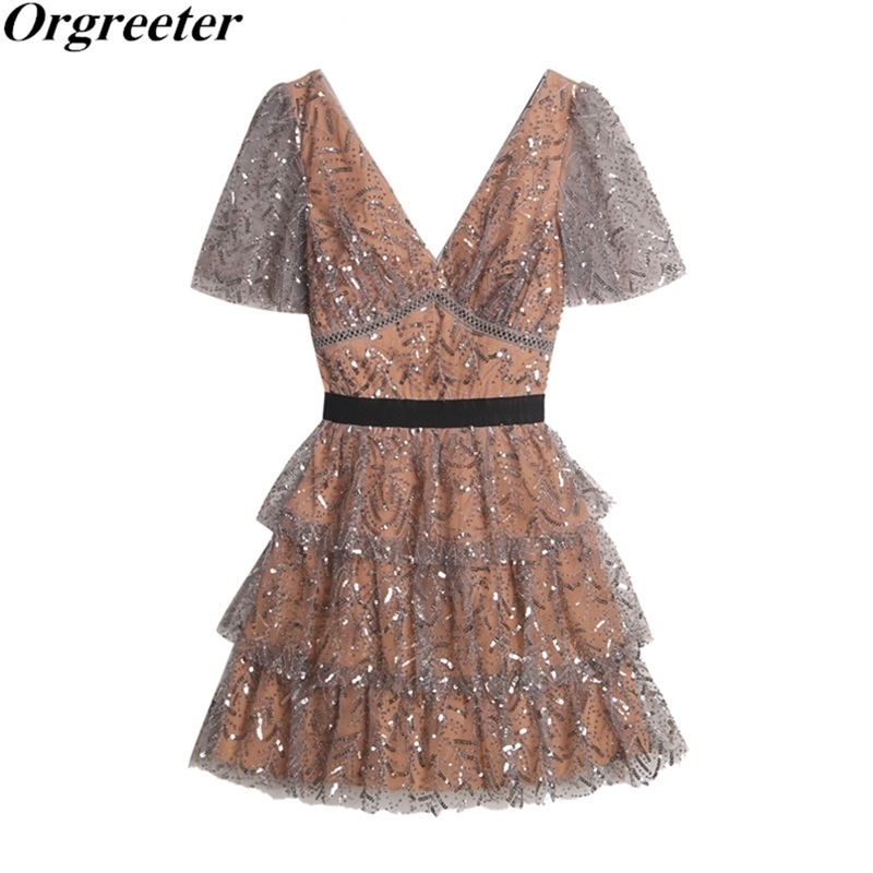 

Sexy V-Neck Backless Sequined Mesh Summer Dress For Women Elegant Lace Gauze Stitching Layers Cake Mini Dresses 210602, Short dress