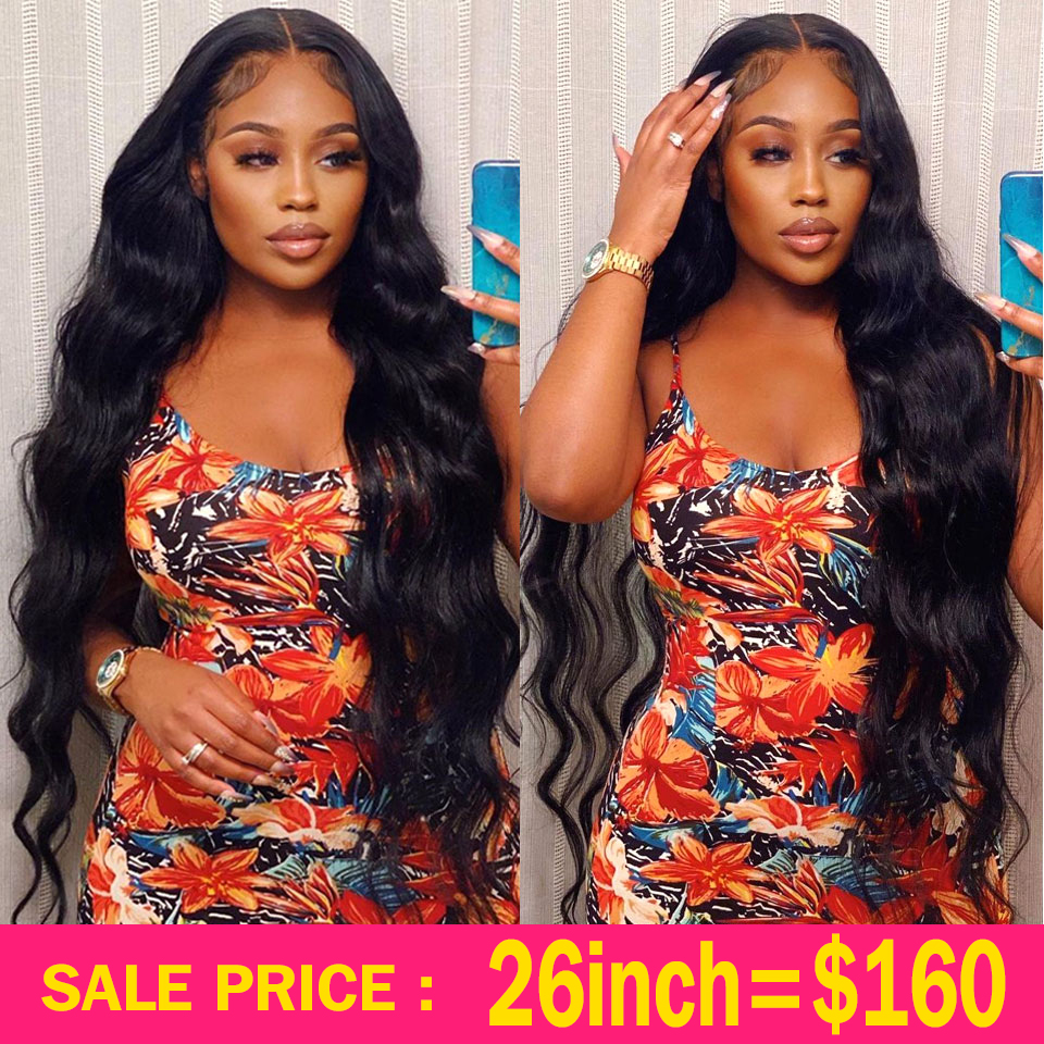 

1 50 Density Body Wave Lace Forehead Wig Transparent 26 Inch T Part Brazilian Wave Body Wave Human Hair Wig, Natural color