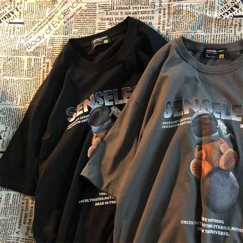 

Cotton summer short-sleeved T-shirt female Harajuku design sense bear niche American loose trend half-sleeved wild couple top 210708