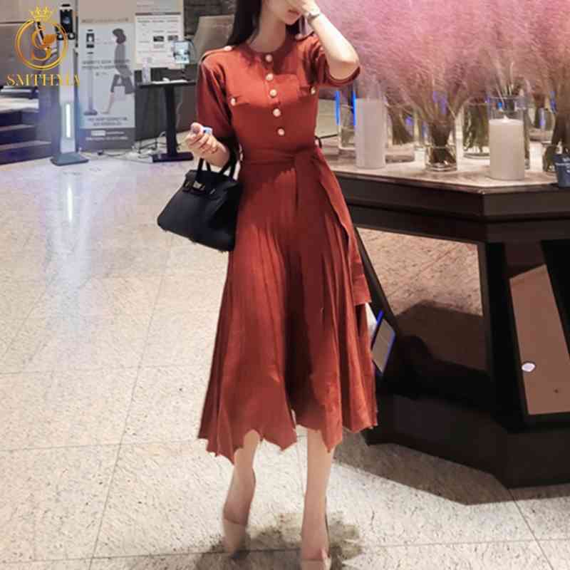 

Fashion Korea Chic Women Short Sleeve Summer Knit Dress Ladies Casual Single Breasted High Waist Sweater Vestidos 210520, Photo color