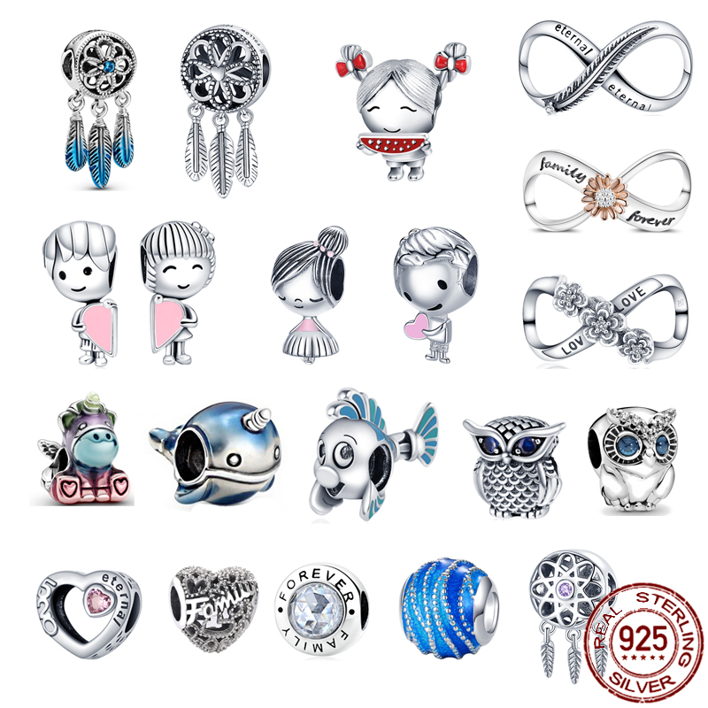 

Plata charm of ley 925 Sterling Silver Animals Girl Boys Heart Beads Charms Fit Original Pandora Bracelets Women DIY Jewelry with original Velvet bag