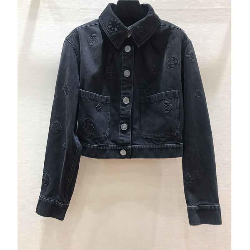 

Jackets Cosmicchic 2021 Spring Denim Jacket Women Bomber Coat Single Breasted Long Sleeve Embossed Camellia Ladies Tops, Black