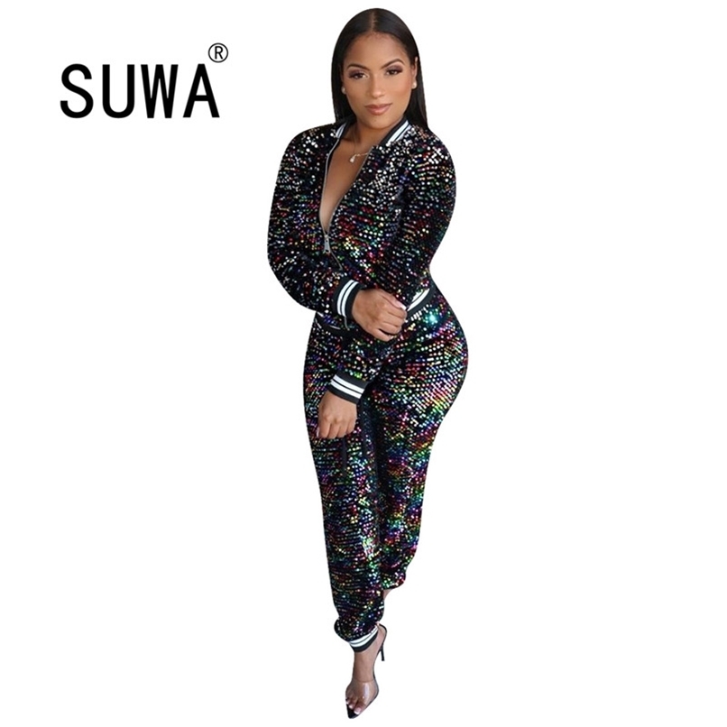 

Fashion Workout Clothes For Women' Sale Multicolor Sequined Color Jacket Top And Pencil Pants Casual Two-Piece Suit 210525, Multi