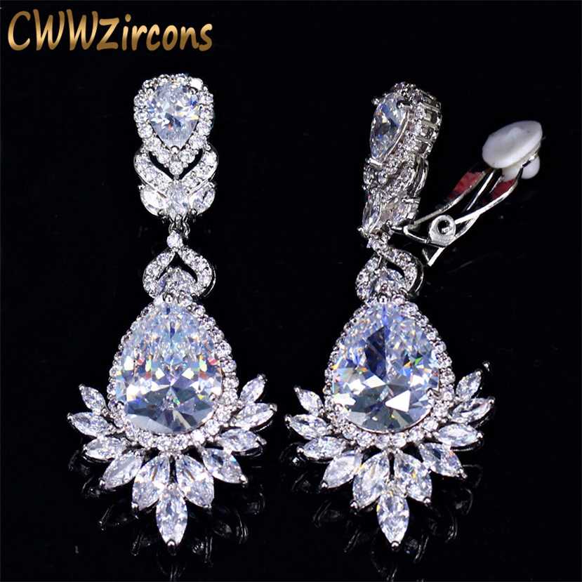 

CWWZircons No Hole Piercing Ear Jewelry Cubic Zirconia Crystal Bridal Long Luxury Wedding Clip on Earrings Non Pierced CZ409 220119, Silver