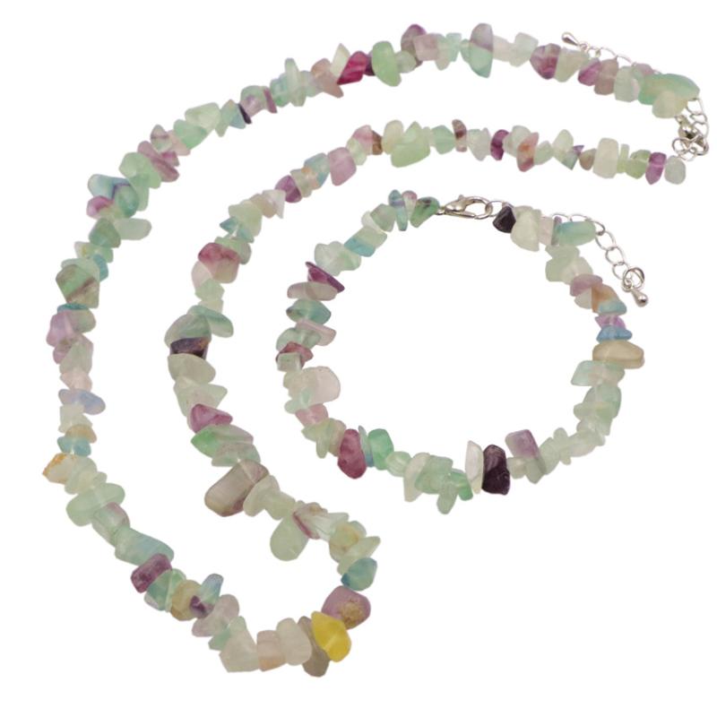 

Earrings & Necklace Bohemia TRENDY Natural Stone Fluorite Chip Beads Bracelet Jewelry Set Gravel Irregular Women's Yoga Healing Gift Y1088, Silver