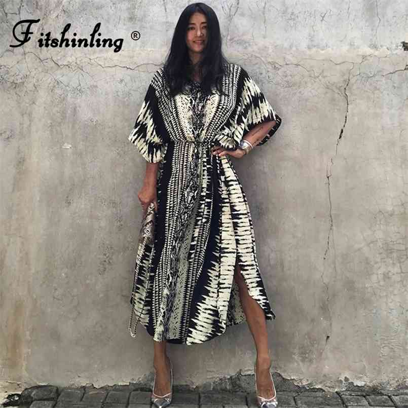 

Fitshinling Bohemian Vintage Oversized Dres High Split Sexy Maxi Dresses Beach Cover Up Sashes Holiday Serpentine Kaftan 210722, Khaki