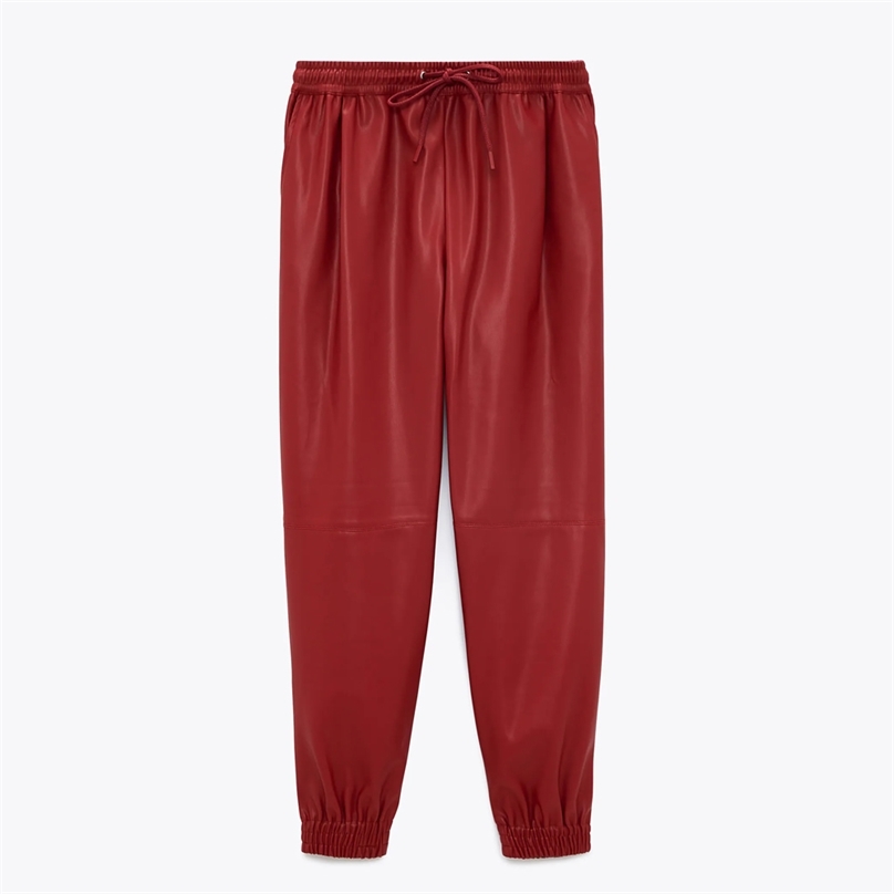 

Women Fashion Faux Leather Jogging Pants Vintage High Elastic Waist Drawstring Female Ankle Trousers Mujer 210520, Black