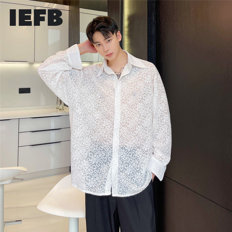 

IEFB Men's Clothing See Through Jacquard Lace Long Sleeve Shirt Men's Niche Design Veintage Oversized Causal Top 9Y7051 210524, White