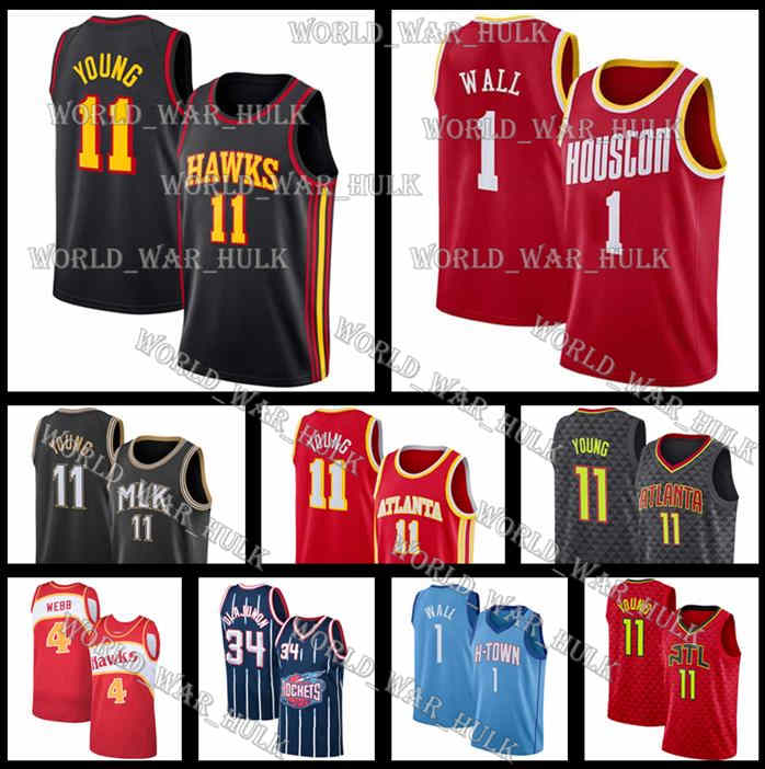 

Trae 11 Young John 1 Wall Basketball Jersey Hakeem 34 Olajuwon Deandre 12 Hunter Spud Atlanta Hawks Houston Rockets Webb, Black;red