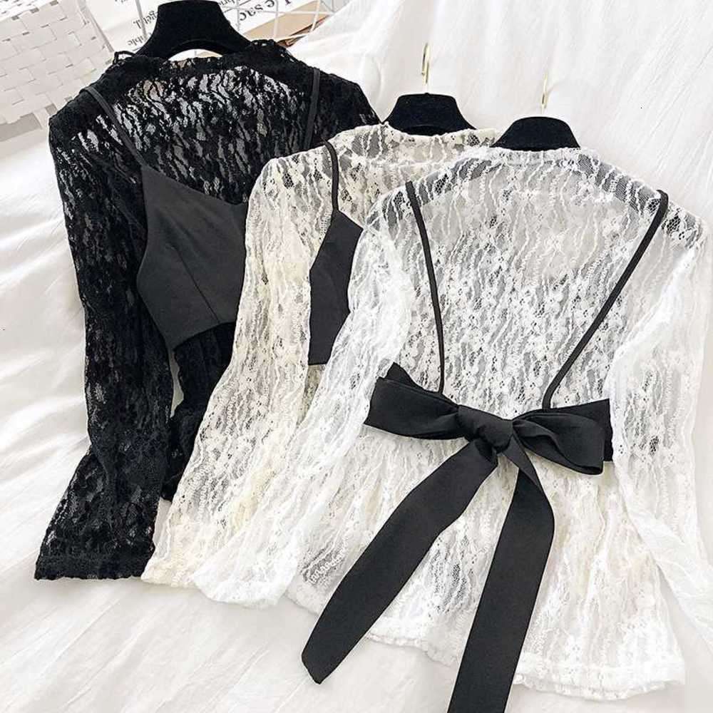 

Korean Hollow Out Crochet Stand Collar Long Sleeve Lace Shirt + Sleeveless Lace-up Bow Vest Two-Piece Set Women's Blouses Tops, White